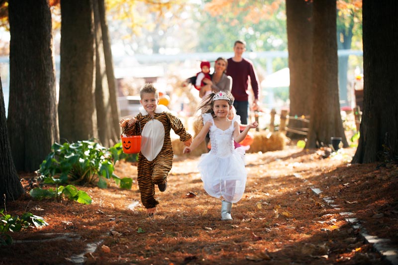 Kids running through forest