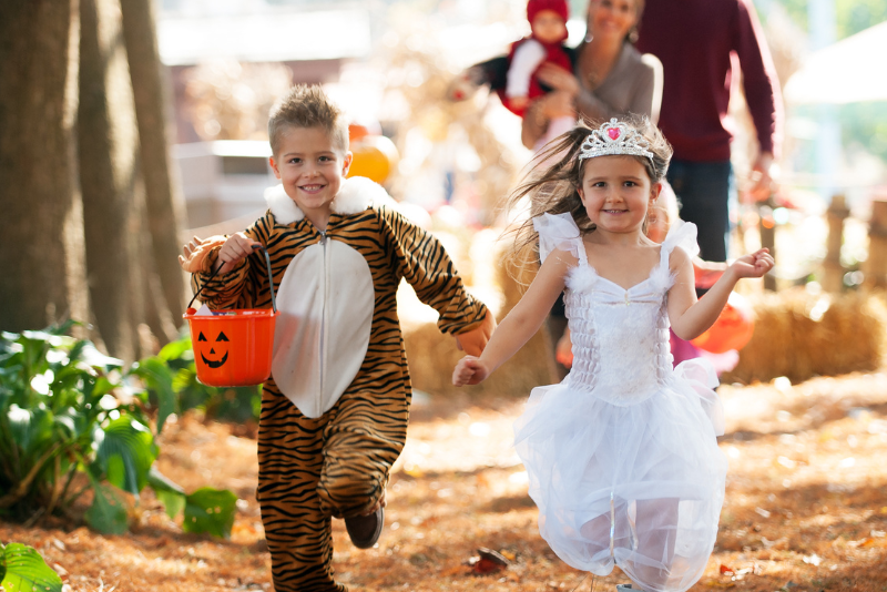 Kids running through forest